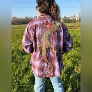 Upcycled Purple Flannel with Hippie Gecko and Flower Sequins